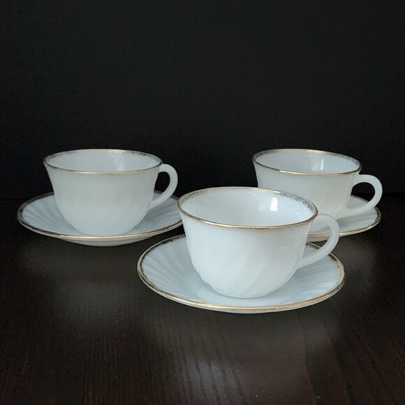 Vintage Fire King Milk Glass Swirl Coffee Cups & Saucers  w/ Gold Trim Set of 3 - Picture 2 of 7